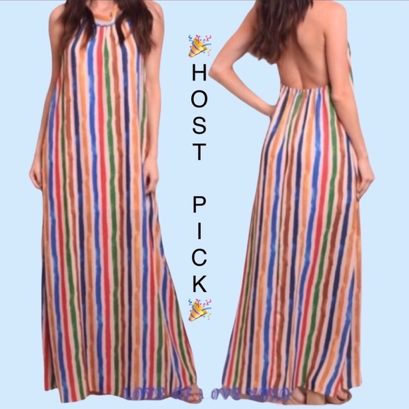 Dresses & Skirts - ❌DONATED❌Tan Blue Multicolor Stripe Halter Lined Maxi Dress